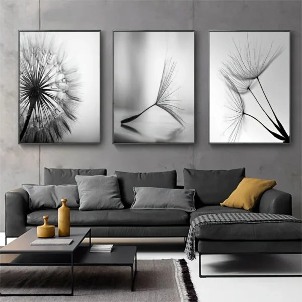 Black White Dandelion Flower Wall Art